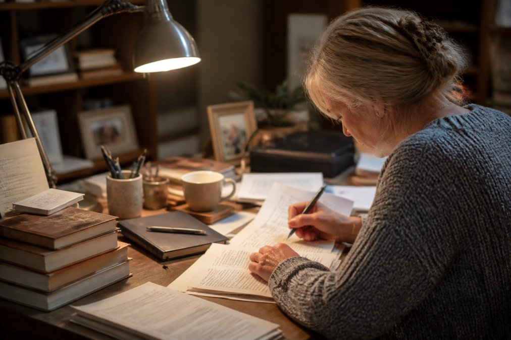 Author sitting at desk with multiple monitors, reviewing manuscript drafts and making handwritten notes on printed pages, warm desk lamp lighting, coffee cup nearby