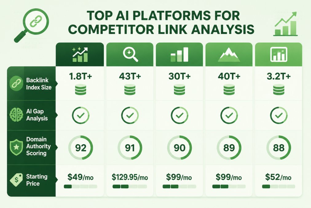Comparison matrix of AI tools for competitor link analysis showing backlink index size, AI gap analysis, domain authority scoring, and starting price for GrandRanker, Semrush, Ahrefs, Moz Pro, and SE Ranking