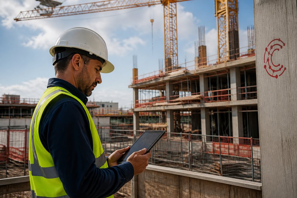 Construction manager using AI tools for construction project scheduling on a tablet at a building site.