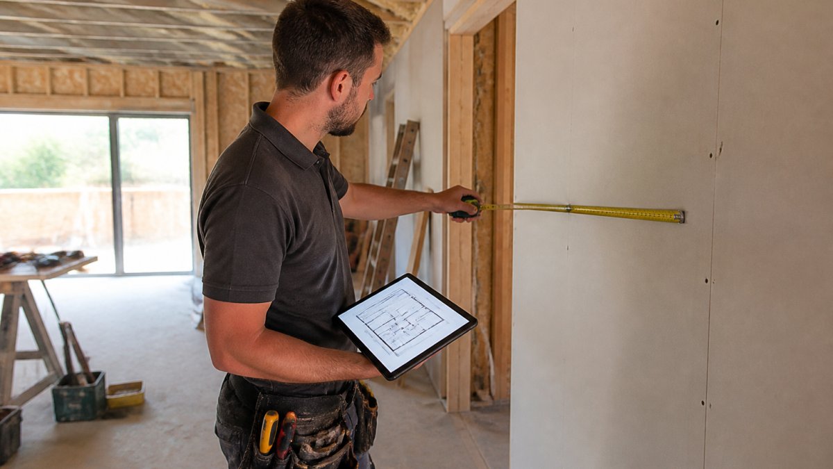 A tradesperson in work clothes standing in a half-finished room, holding a tablet showing a floor plan while measuring a wall with a tape measure