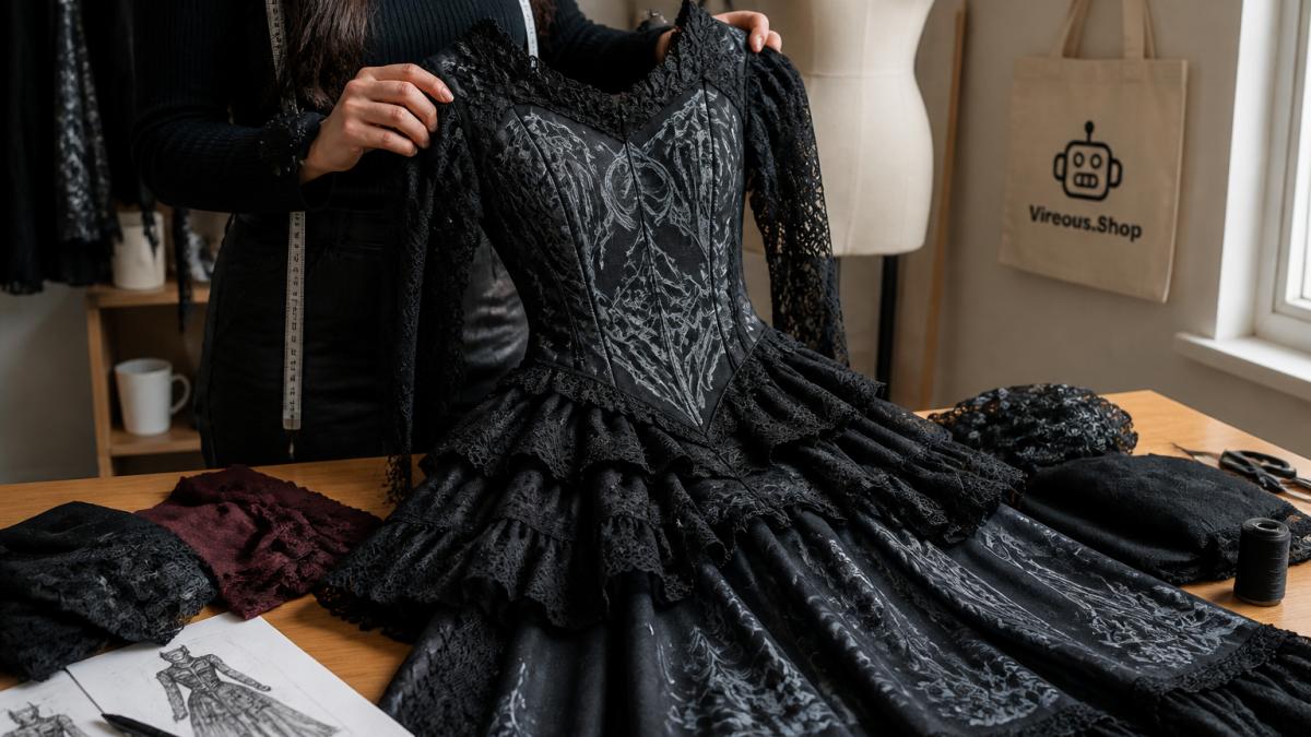 Designer's hands holding a finished custom gothic dress with intricate AI-generated patterns and layered lace details, displayed on a work table with fabric swatches and design notes