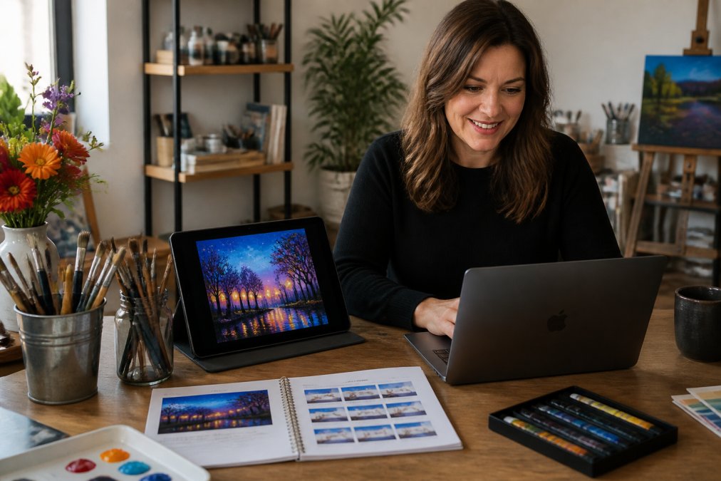 A smiling event planner at a laptop in a bright studio, with a tablet showing a colorful painting class design and a printed guide on the desk