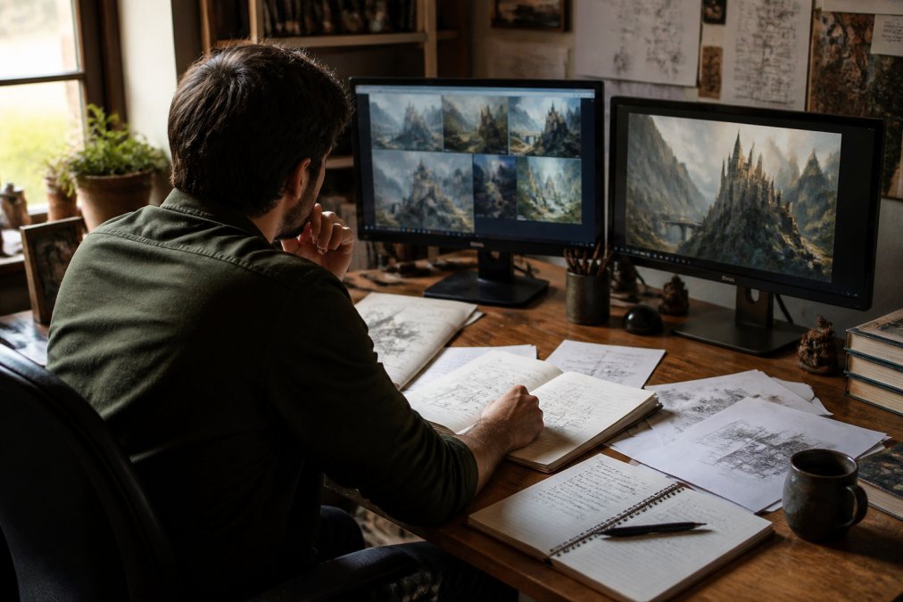 A creative writer sitting at a desk with multiple monitors displaying fantasy maps, character sheets, and story notes, with sketches and worldbuilding documents scattered nearby in natural afternoon light