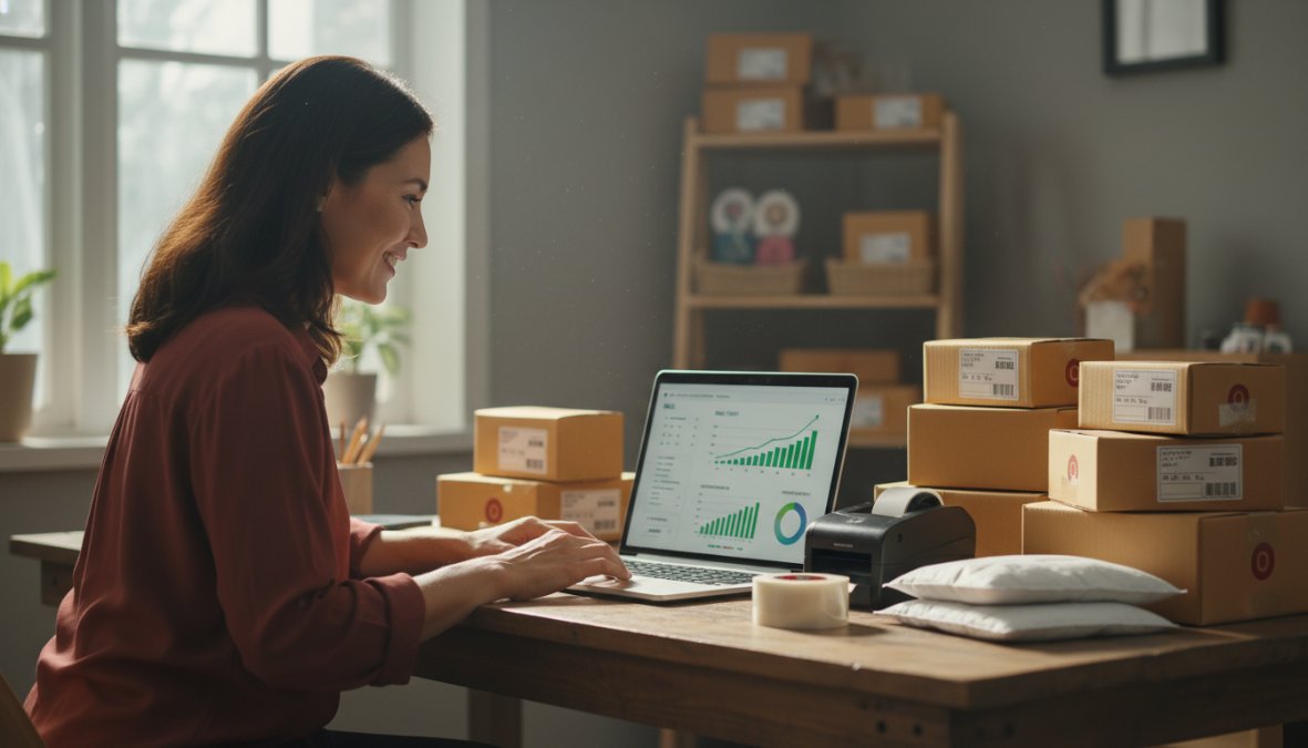 A small business owner smiling while reviewing sales analytics on a laptop screen, with neatly stacked packaged products ready to ship visible on the desk beside them, in bright natural daylight