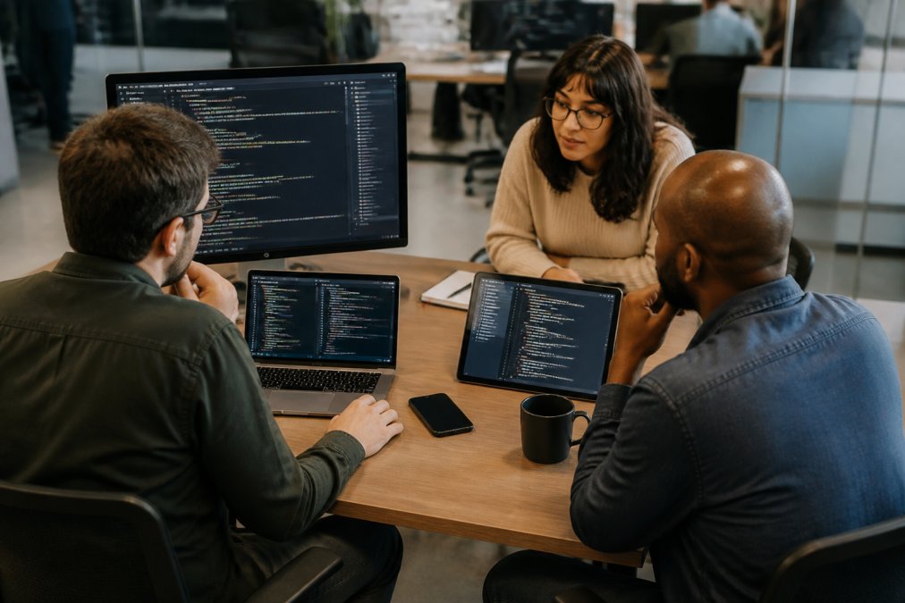 Software development team collaborating around a desk with multiple monitors displaying organized project documentation, meeting notes, and AI-generated summaries with clear section headers and indexed information visible on screens
