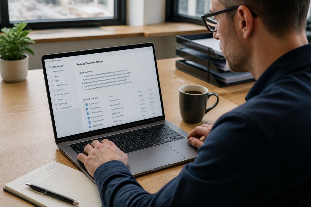 Project manager reviewing organized documentation on laptop with notebook and coffee, showing clear section headers, indexed information, and AI-generated summaries visible on screen with natural office lighting