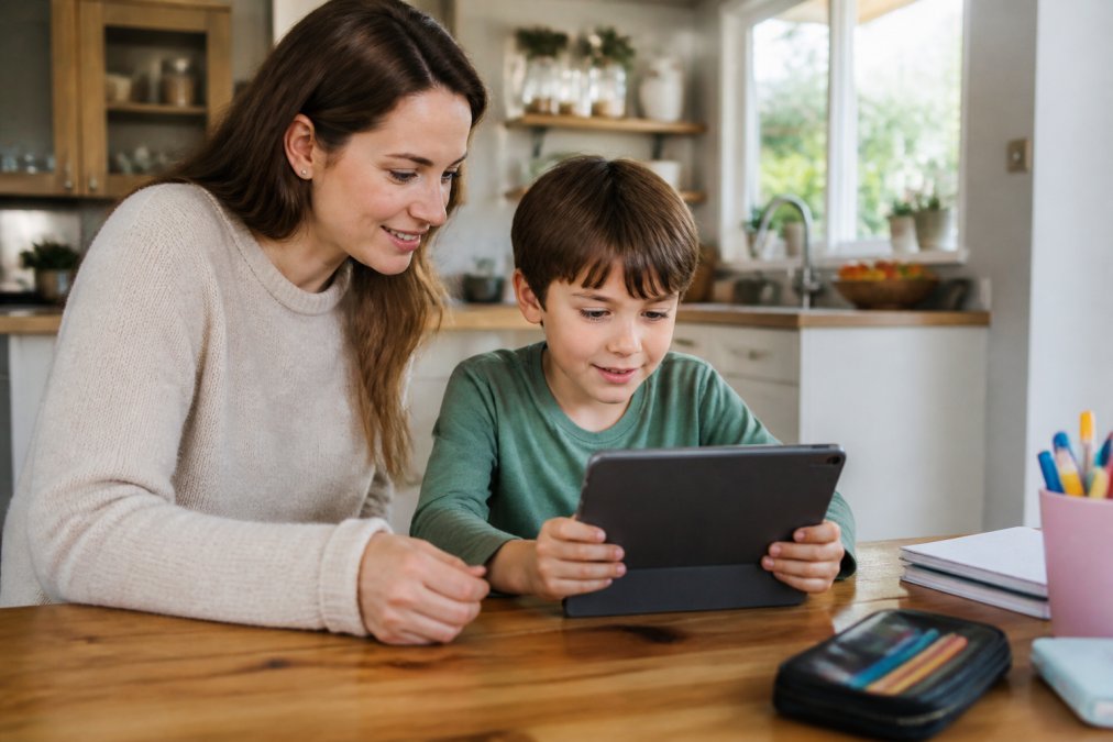 A parent and primary school-aged child sitting together at a kitchen table, looking at a tablet displaying a learning dashboard with progress bars, warm natural light, relaxed home environment