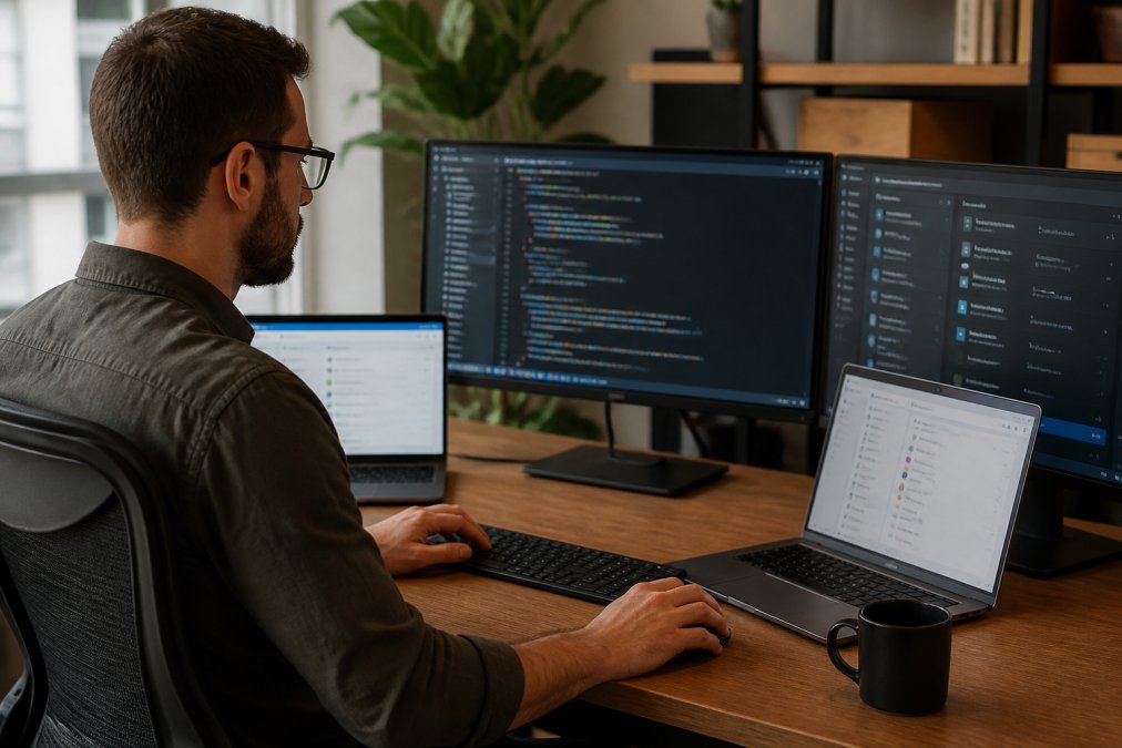 Developer working at desk with multiple monitors displaying connected project management tools, automated workflows, and documentation systems in action