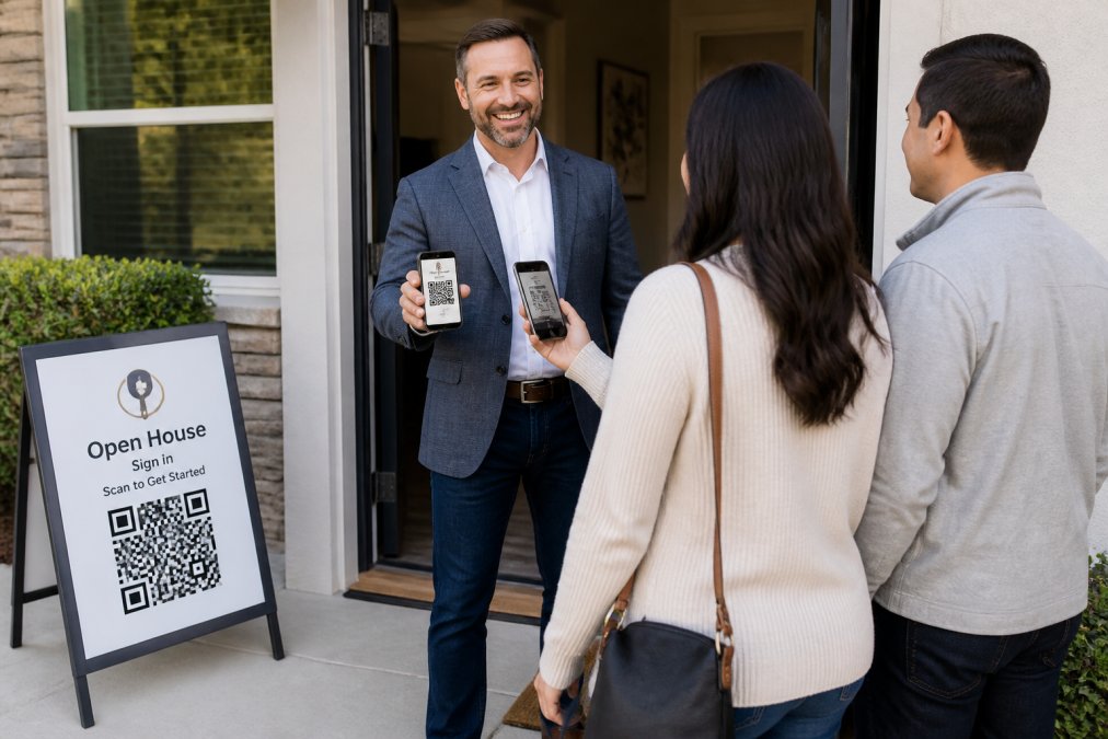 A real estate agent holding a smartphone showing a QR code sign-in form while greeting visitors at an open house front door, with a branded sign on a pedestal nearby
