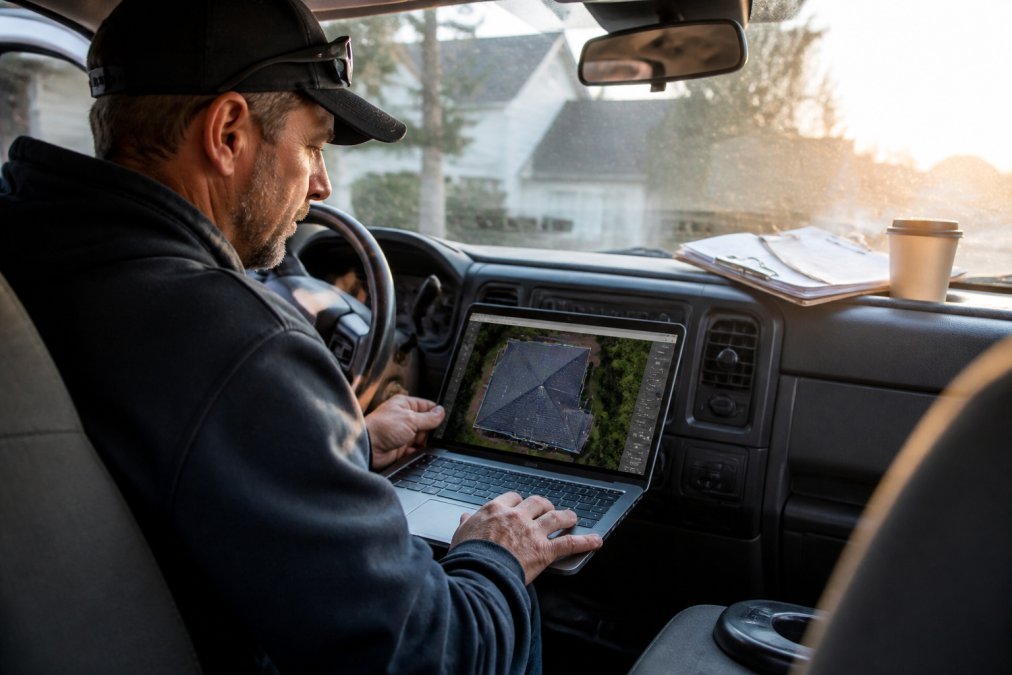 Roofing contractor reviewing a report on roofing aerial measurements inside a work truck at sunrise