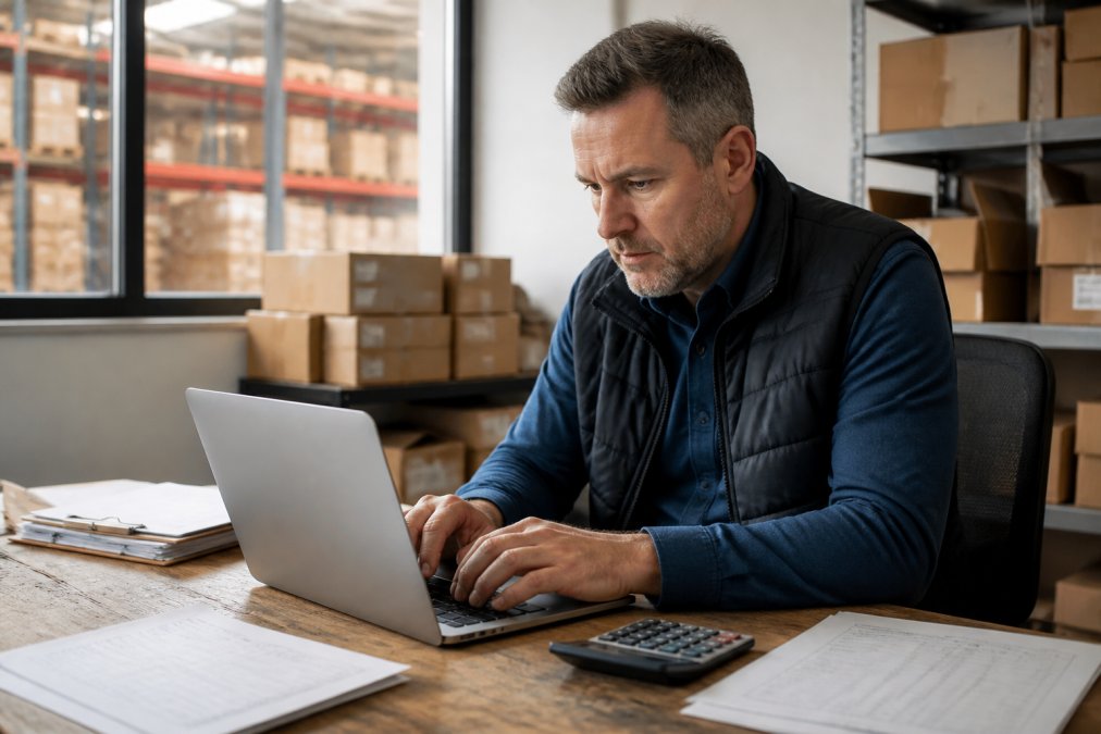 A warehouse manager in a bright office reviewing inventory reports on a laptop with spreadsheets and a calculator nearby