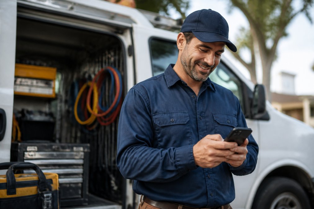 A contractor in a branded uniform standing next to a work van, looking at a smartphone with a satisfied expression, with tools visible in the background