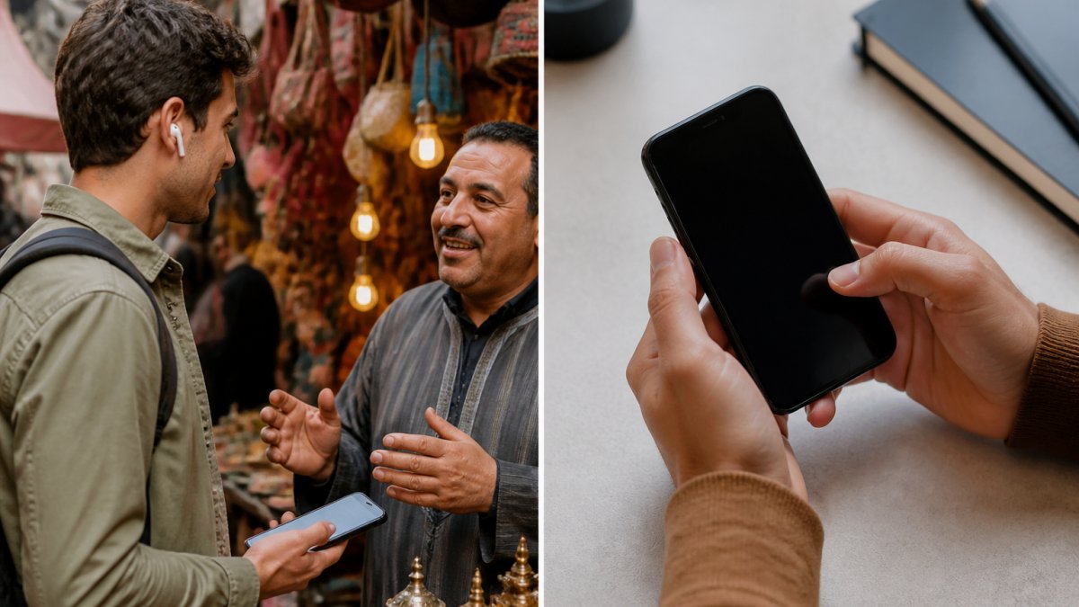 Infographic comparing the user experience of real-time translation earbuds versus smartphone translation apps.