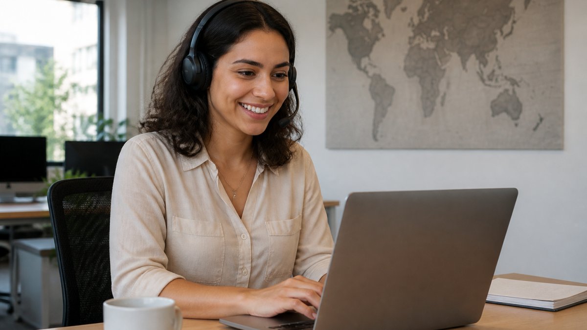 A customer support agent wearing a headset, smiling while looking at a laptop screen showing a multilingual chat interface, in a bright modern office with a world map on the wall