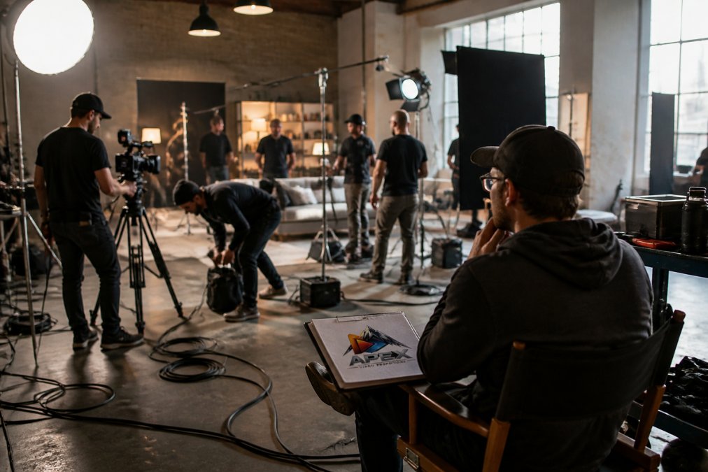 A film crew setting up cameras, tripods and lighting rigs on a busy indoor set, with cables coiled across the floor and a director reviewing a monitor under warm studio lights