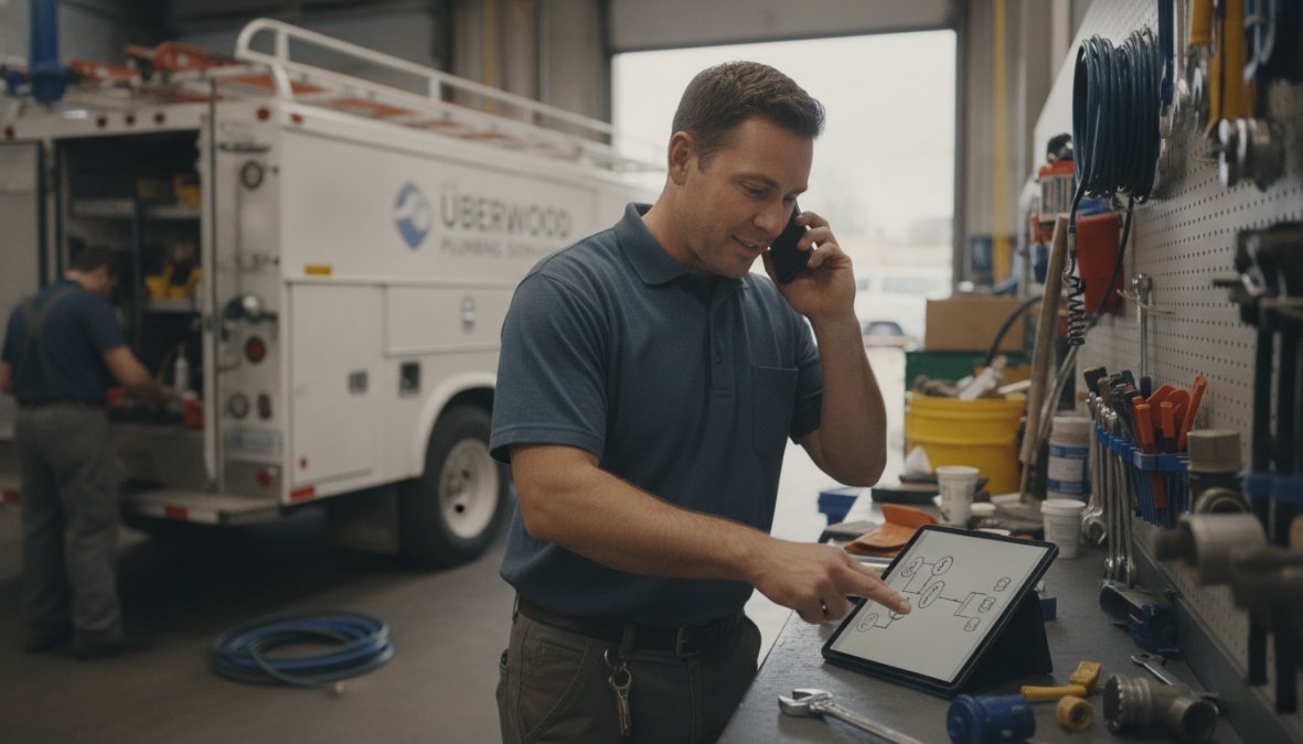 Plumber answering smartphone call while standing next to service truck with tools and equipment visible in background, natural outdoor lighting