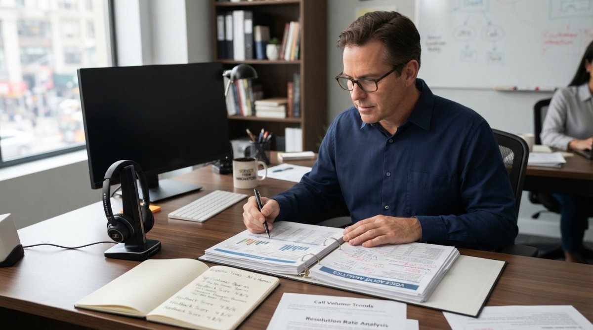 Service firm owner reviewing AI voice agent call analytics on desktop monitor in modern office, with headset and customer interaction notes visible