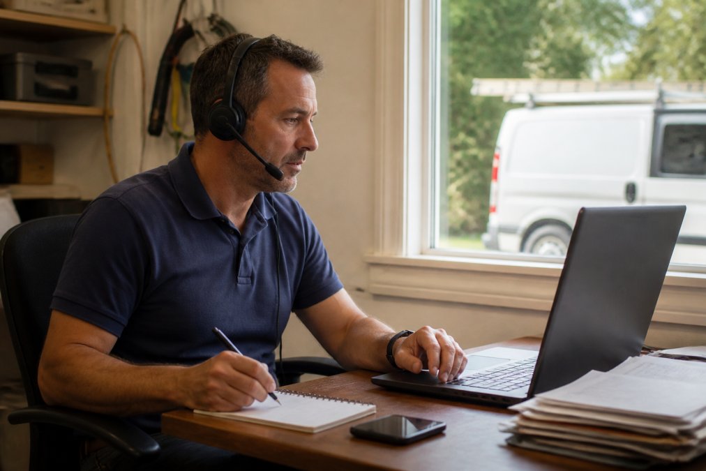 Small business owner wearing headset at desk in home services office, reviewing lead notes on computer screen with CRM system visible, phone and notepad nearby, natural window lighting