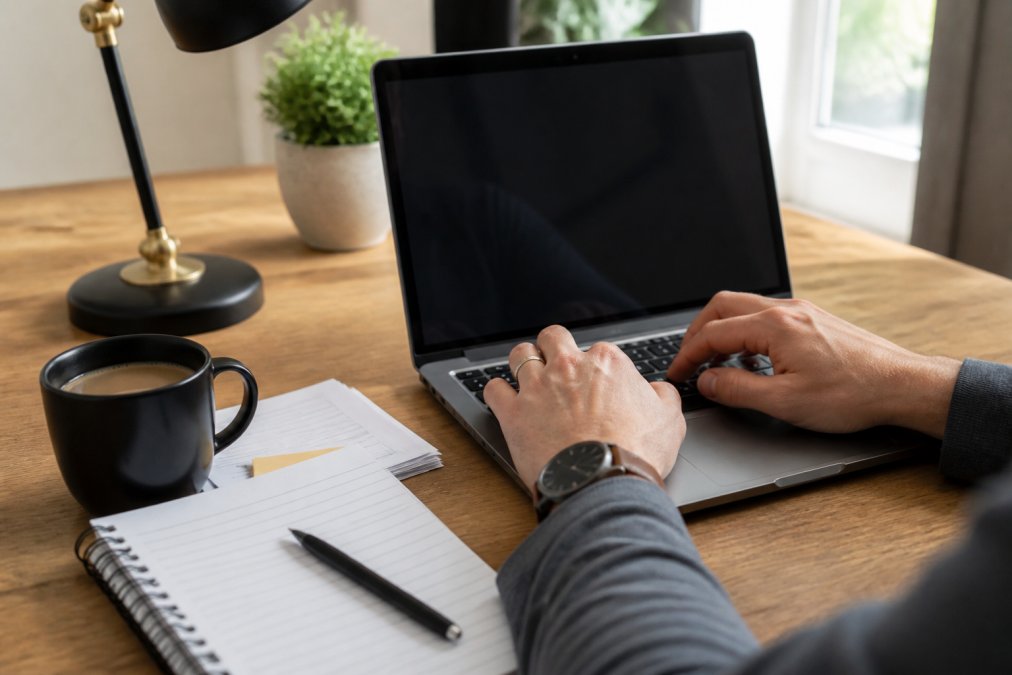 Hands typing on laptop keyboard with AI voice agent interface visible on screen, notepad with lead qualification talking points and customer information nearby, desk lamp and coffee cup