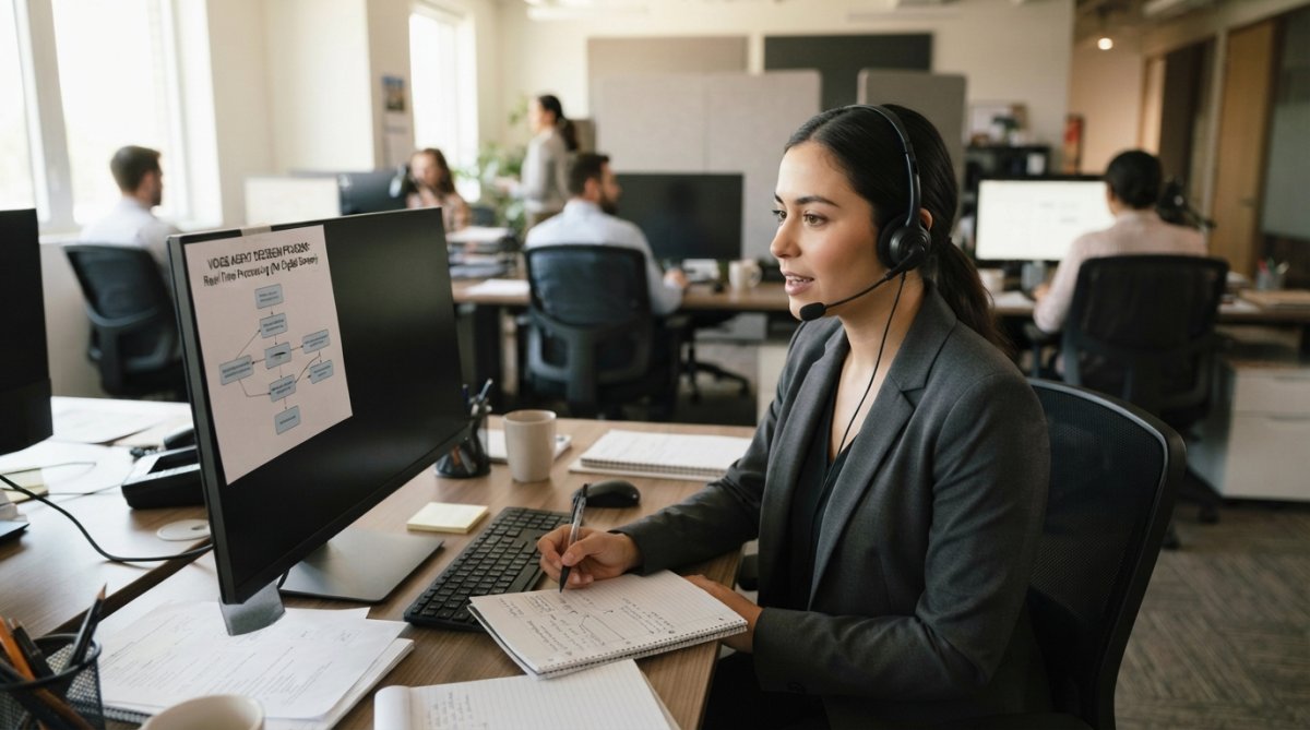 Customer service representative at a modern desk with a headset and computer screen displaying a call dashboard with customer interaction data
