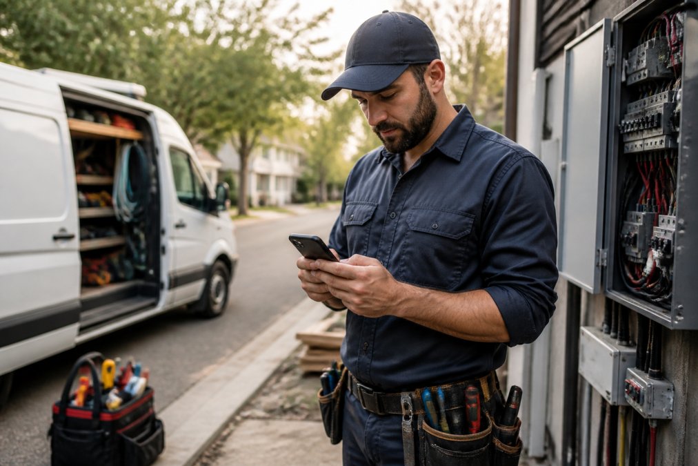 Electrician in work uniform checking smartphone on job site with tools and vehicle visible in background, reviewing captured lead information