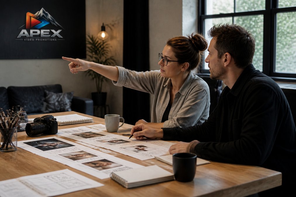 A video editor and creative director reviewing AI-generated footage on dual monitors in a modern studio, pointing at the screen and discussing shot selection