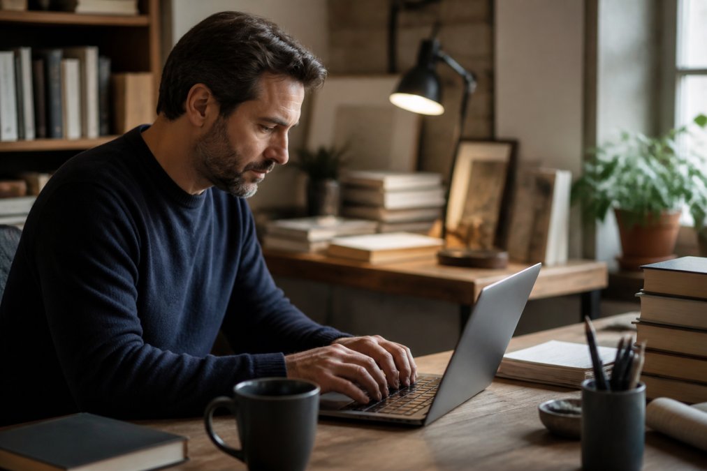 Author sitting at desk with laptop open, focused expression, warm office lighting, hands on keyboard ready to type