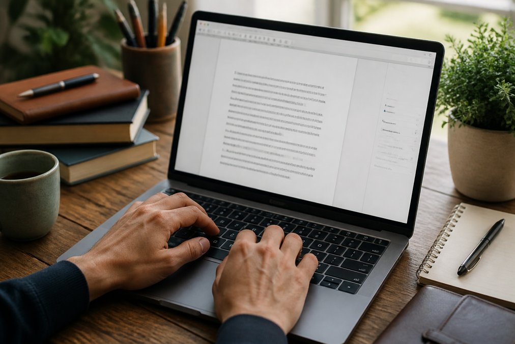Close-up of hands typing on laptop keyboard, AI writing interface visible on screen with open manuscript document, natural desk lighting