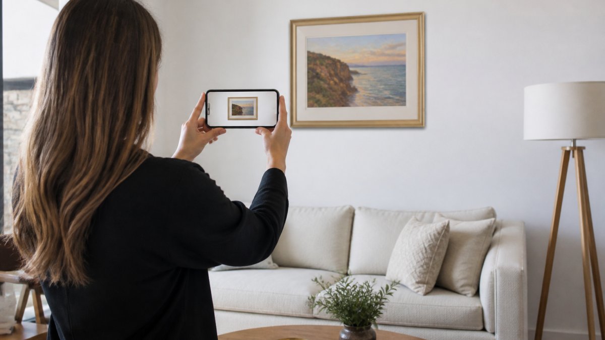 Homeowner using an AR app as an aiartshop alternative to preview wall art in a modern living room.