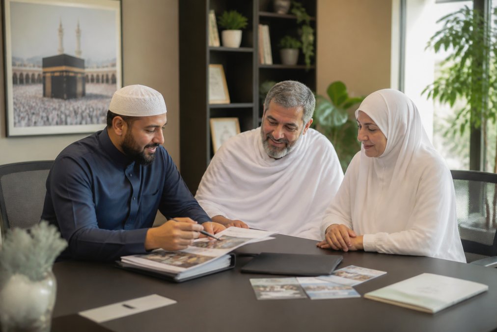 Conseiller offrant une aide Hajj à un couple examinant des documents de voyage dans un bureau lumineux