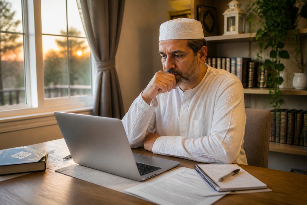 Une personne consulte la plateforme NUSUK pour une aide inscription pèlerinage hajj montréal sur son ordinateur.