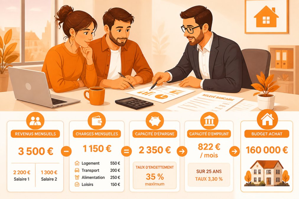 Jeune couple primo-accédant assis à une table avec un conseiller immobilier, examinant des documents financiers, calculatrice et relevés bancaires en vue, environnement de bureau professionnel avec fenêtres naturelles