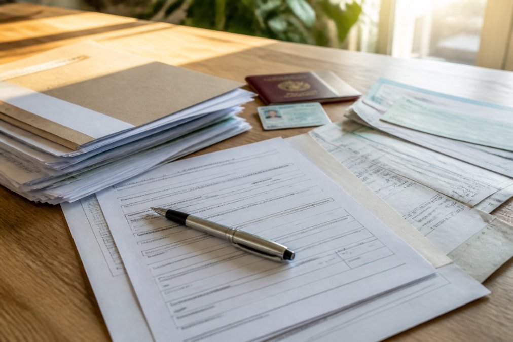 Gros plan sur un bureau avec documents empilés, formulaires de demande de prêt, pièces d'identité, relevés bancaires des trois derniers mois, fiches de paie, et un stylo prêt à signer, lumière naturelle