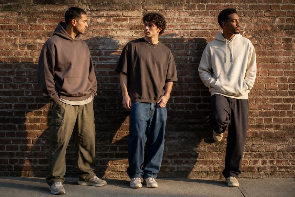 Three men in their late twenties wearing oversized hoodies and boxy tees, standing against a brick wall in an urban setting with golden hour lighting, each showing a different fit and silhouette