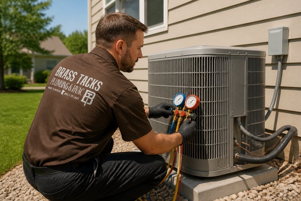 An HVAC technician in a branded uniform kneeling beside an outdoor residential condenser unit, connecting refrigerant gauge manifolds to the service ports on a sunny summer day with a house visible in the background