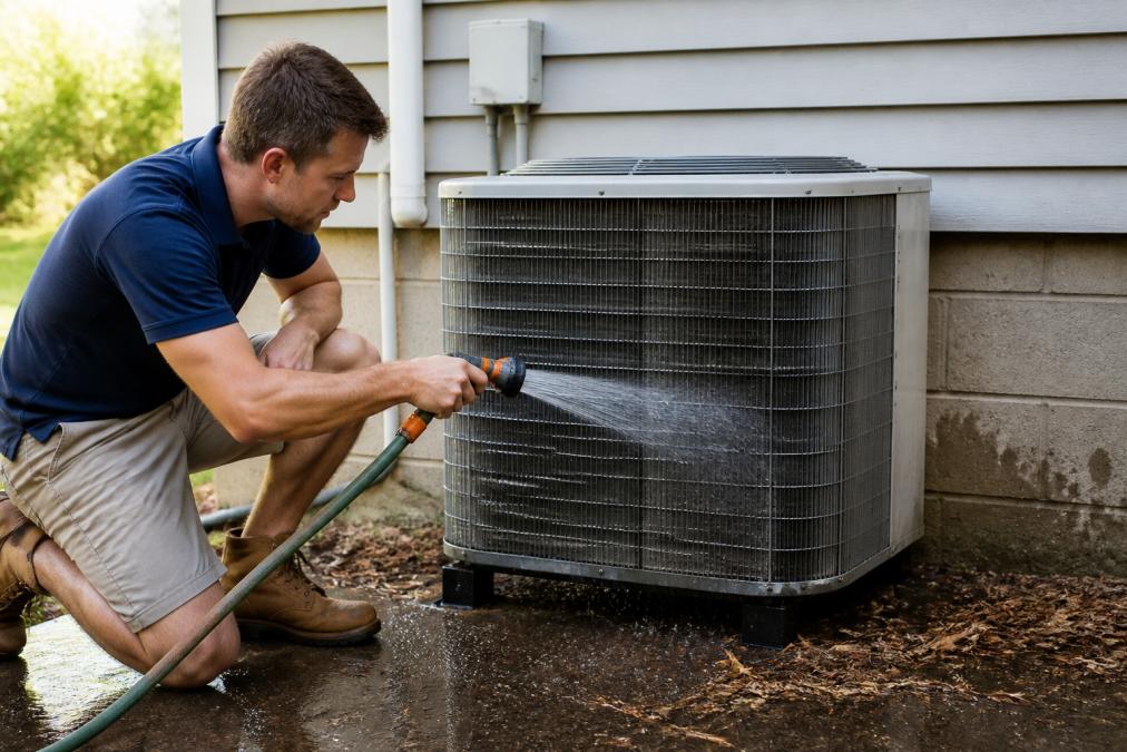A homeowner in casual clothes kneeling beside an outdoor condenser unit, gently rinsing the fins with a garden hose on a sunny day, with the outdoor unit clearly visible and some light debris around it