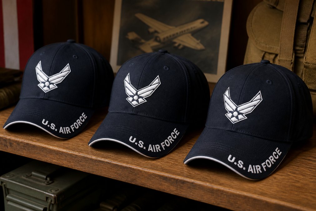Close-up of embroidered Air Force fighter aircraft caps (F-15 Eagle, F-16 Falcon, F-22 Raptor) displayed on a wooden shelf with military heritage backdrop and soft lighting