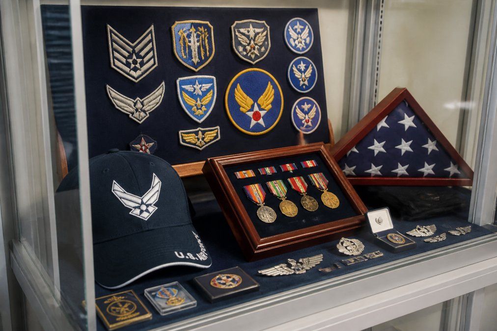 Military patches, medals, and insignia arranged in a glass display case with proper lighting, showing organized presentation of collectible items on archival backing