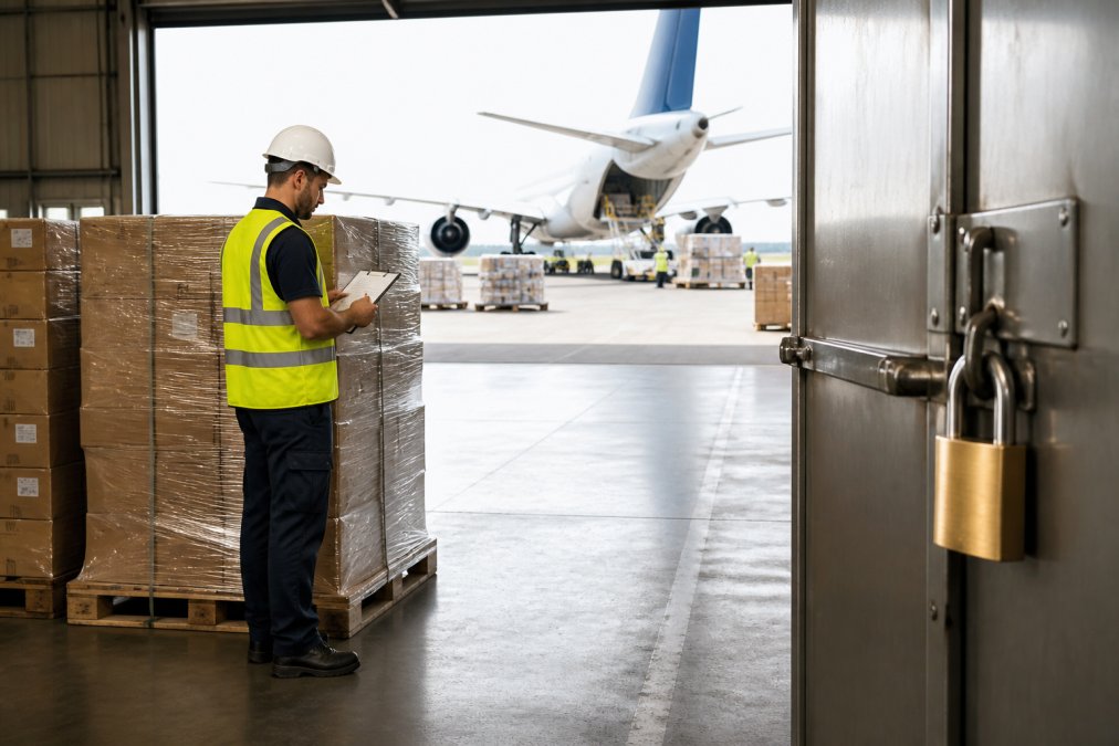 Freight forwarder inspecting palletized cargo during air forwarding operations inside a warehouse