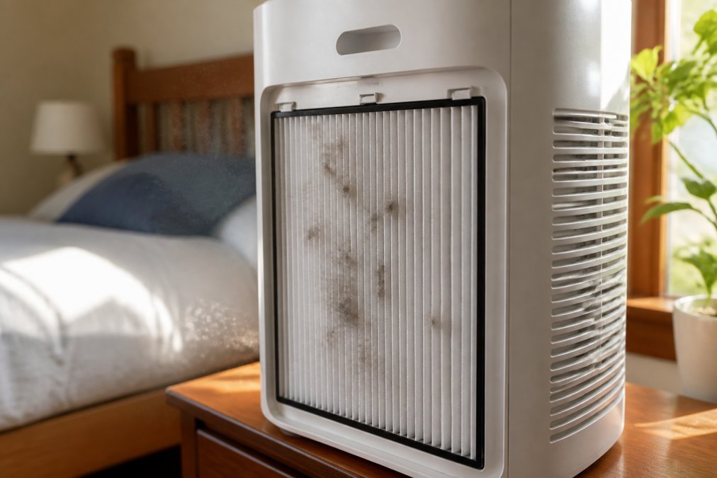 Close-up view of bedroom air purifier with visible white HEPA filter showing dust particles being drawn into intake vents, positioned on wooden nightstand with morning sunlight streaming through window