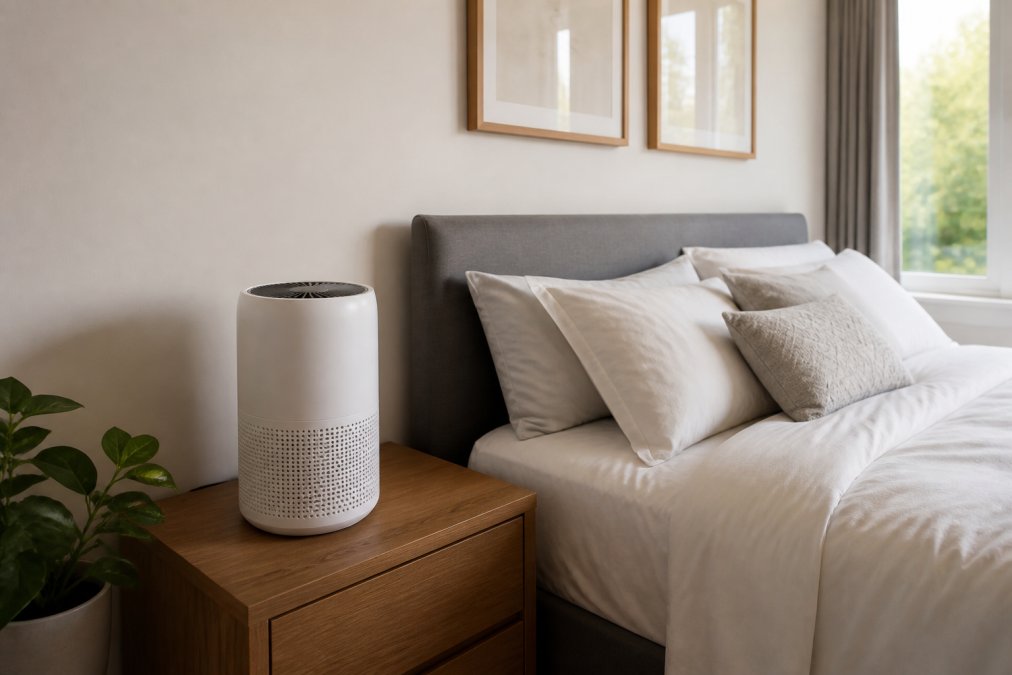 Modern bedroom interior with SR100 air purifier positioned on wooden nightstand beside bed, showing optimal placement away from walls and furniture, clean bedroom with natural window light and minimal clutter