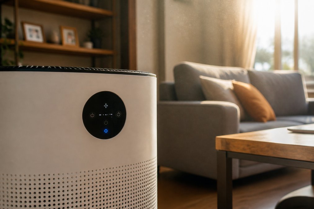 Close-up of air purifier digital display showing fan speed settings and power indicator light illuminated in a residential living room with dust particles visible in afternoon sunlight streaming through window