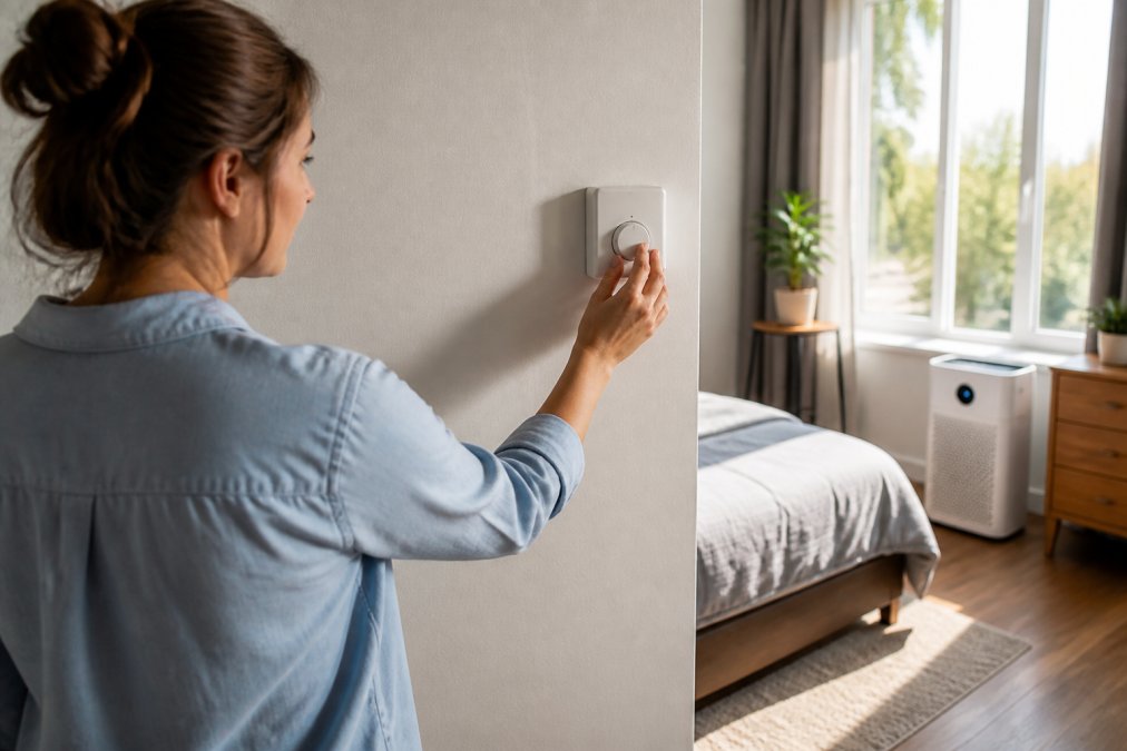 Homeowner adjusting air purifier controls on a wall-mounted smart home interface in morning light, with the purifier running visibly in the background of a clean, modern bedroom