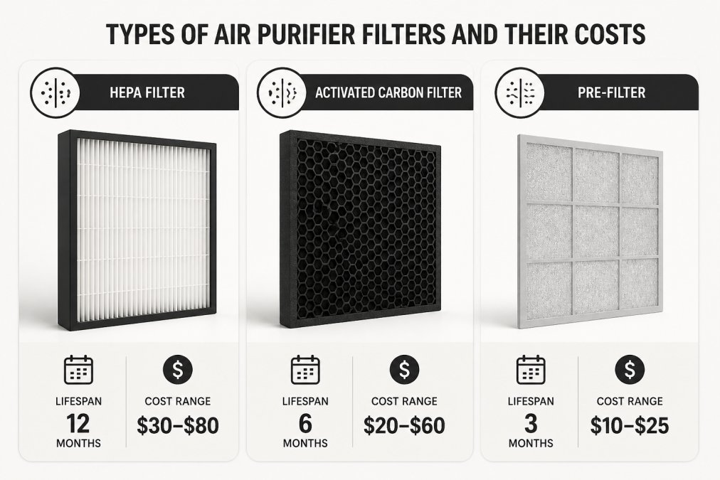 Close-up of three different air purifier filters displayed side-by-side on a clean white surface, a pleated white HEPA filter, a dark activated carbon filter, and a light gray pre-filter, showing their distinct textures and thicknesses under bright natural lighting