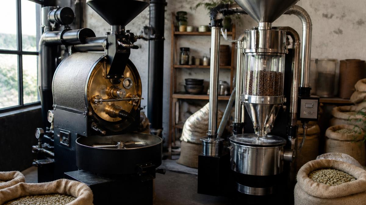 A drum roaster and a fluid-bed air roaster displayed with bags of green coffee beans in an artisan workshop.