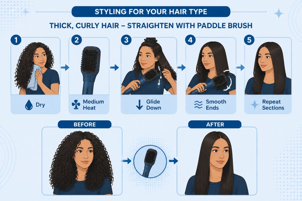 Woman with thick, curly hair using an air styler with a paddle brush attachment to straighten sections, showing before and after results of the straightening process