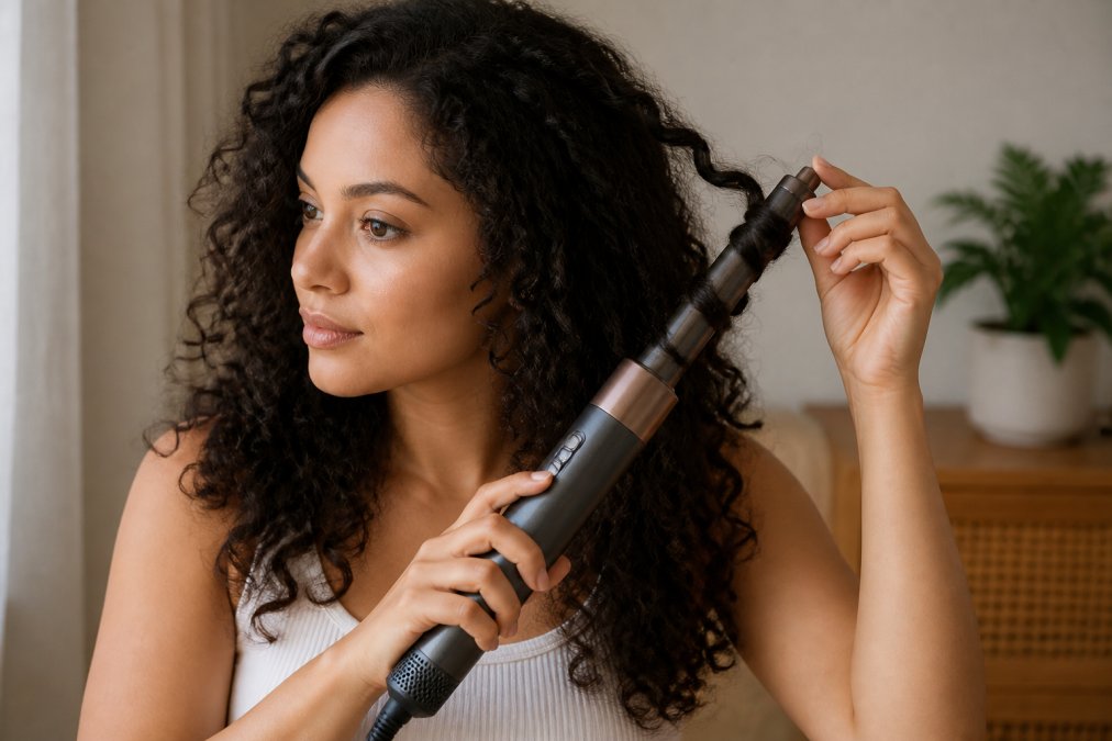 Woman with thick, curly hair using an air styling tool with barrel attachment to create defined curls, showing the wrapping technique and concentrated airflow in action