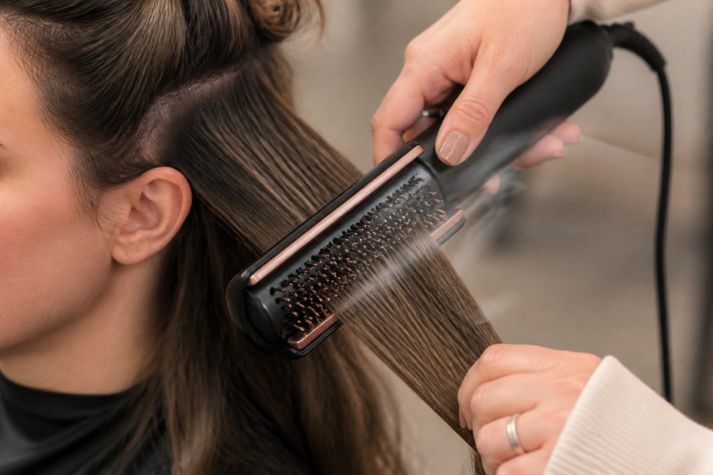 Close-up of the Chaska Air Styler ceramic plates and barrel being used on different hair textures, showing the airflow in action and the patented heat plate design