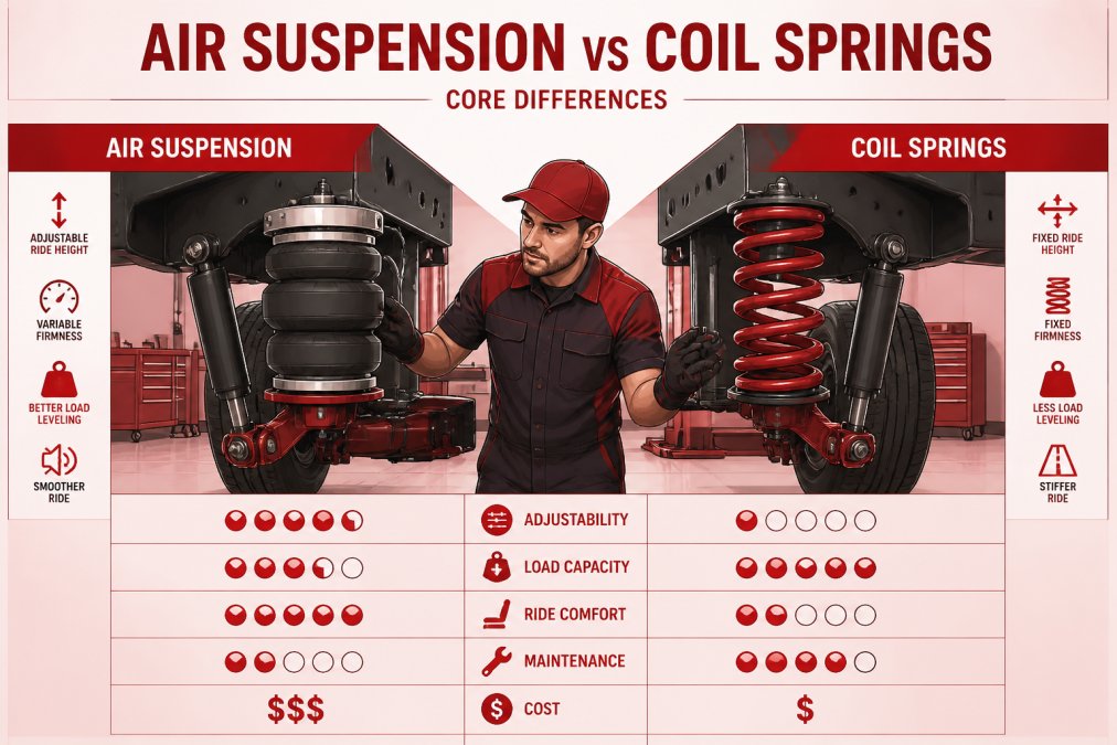 Professional mechanic inspecting truck suspension components showing air spring and traditional coil spring side by side in modern service bay with bright overhead lighting