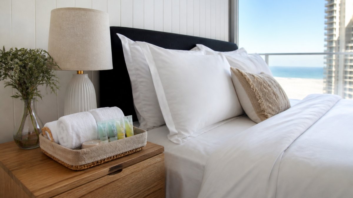 Infographic showing the airbnb cleaning gold coast process for a pristine bedroom with crisp linens and amenities.
